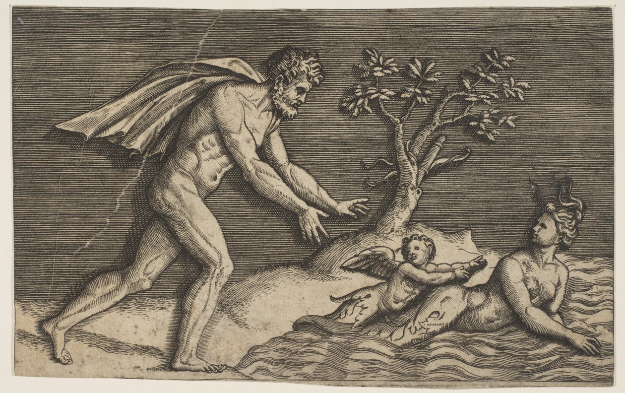 Um homem nu perseguindo uma naiad e um cupido na água, ca. 1515-27. de Marco Dente