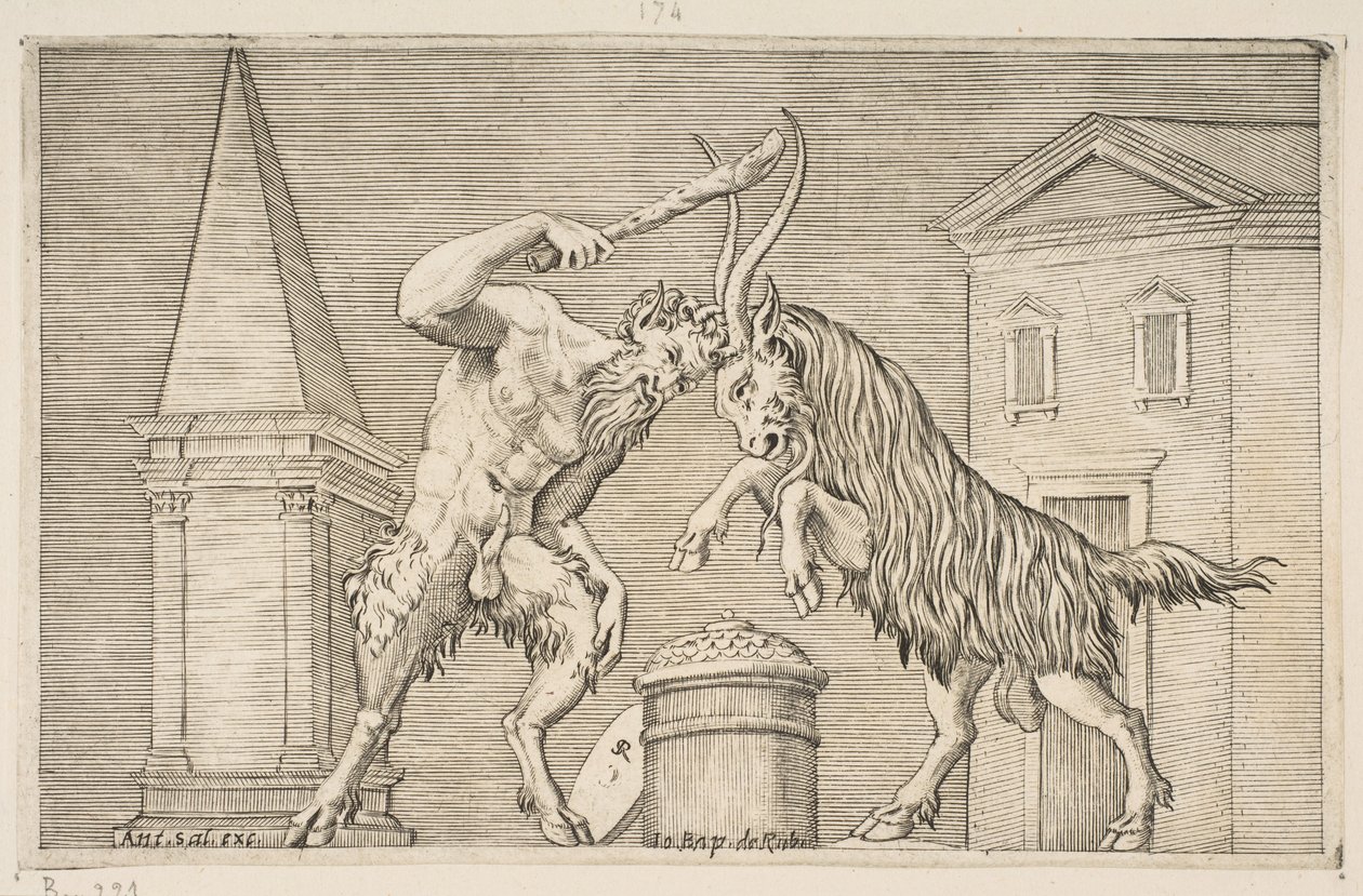 Um sátiro e um carneiro atacando um ao outro, o sátiro empunhando uma clava com a mão direita..., ca. 1515-27. de Marco Dente