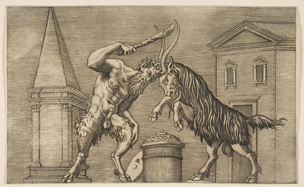 Um sátiro e um carneiro atacando um ao outro, o sátiro empunhando um bastão com a mão direita ..., ca. 1515-27. de Marco Dente