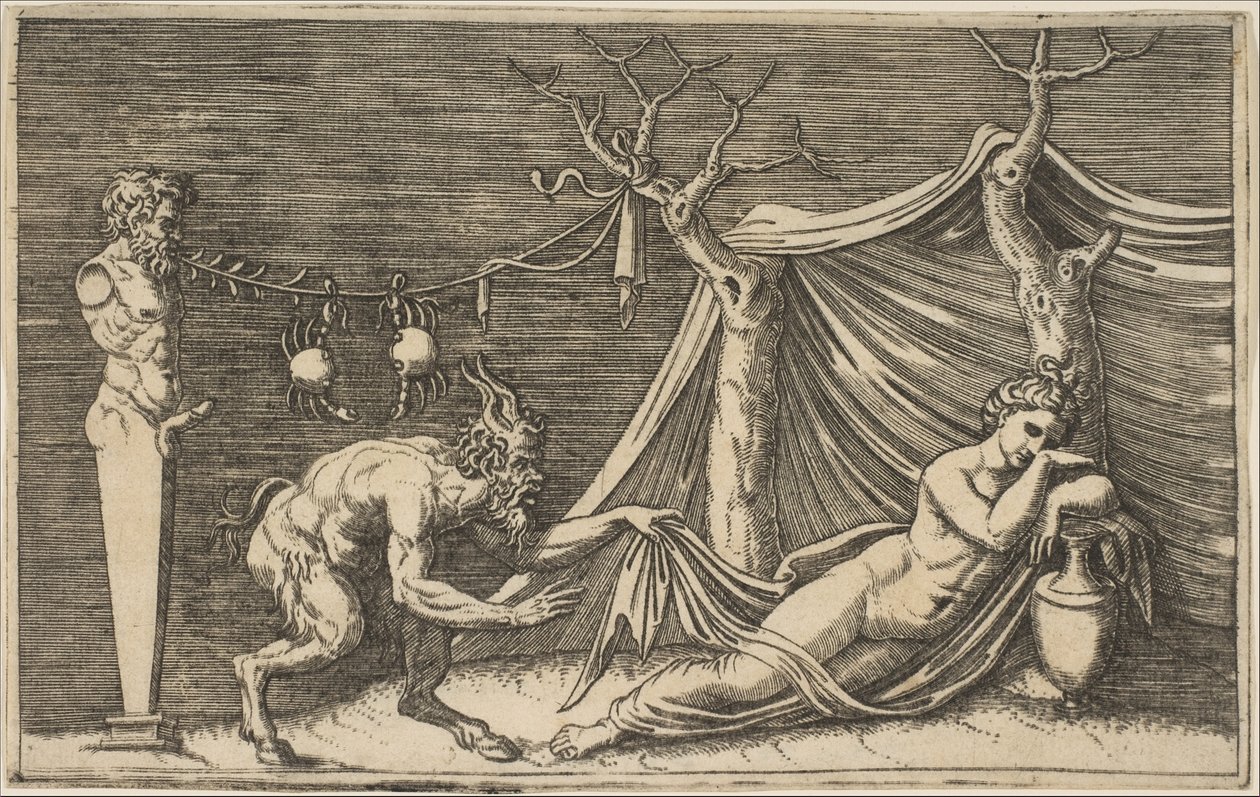 Um sátiro descobrindo uma mulher adormecida, dois caranguejos pendurados em uma corda amarrada ..., ca. 1515-27. de Marco Dente