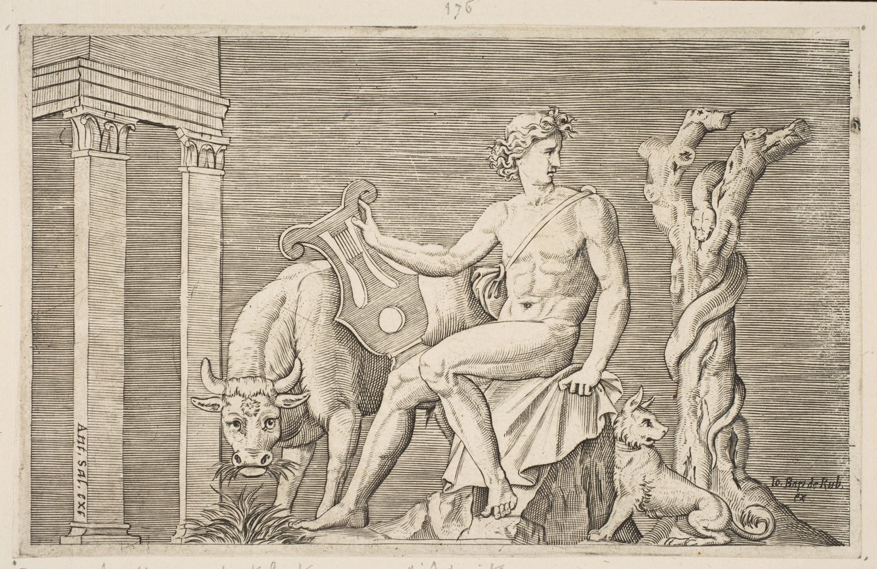 Apolo cuidando dos rebanhos de Admetus, Apolo sentado segurando uma lira e ladeado por uma ..., ca. 1515-27. de Marco Dente
