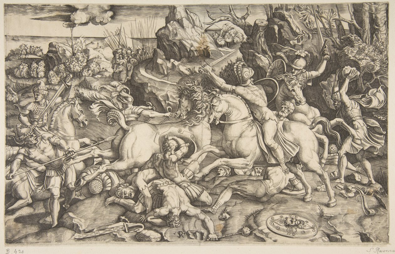 Cena de batalha em uma paisagem com soldados a cavalo e vários homens caídos, outro ..., ca. 1520 de Marco Dente