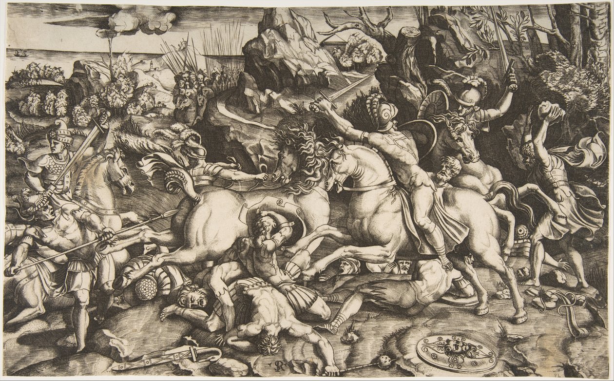 Cena de batalha em uma paisagem com soldados a cavalo e vários homens caídos, outro ..., ca. 1520 de Marco Dente