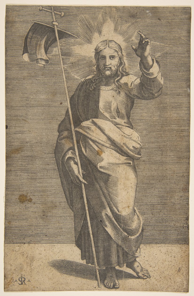 Cristo de pé virado para a frente, segurando uma cruz com um estandarte e levantando a esquerda ..., ca. 1515-27. de Marco Dente