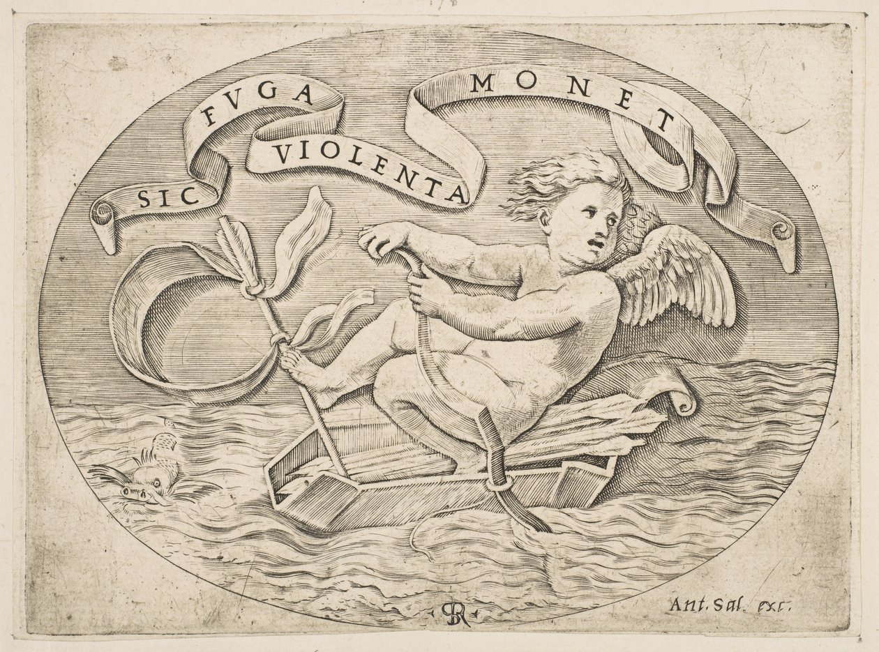 Eros Escaping by Sea, Cupido usando a sua proa para impulsionar um barco feito a partir da sua aljava com..., ca. 1515-27. de Marco Dente