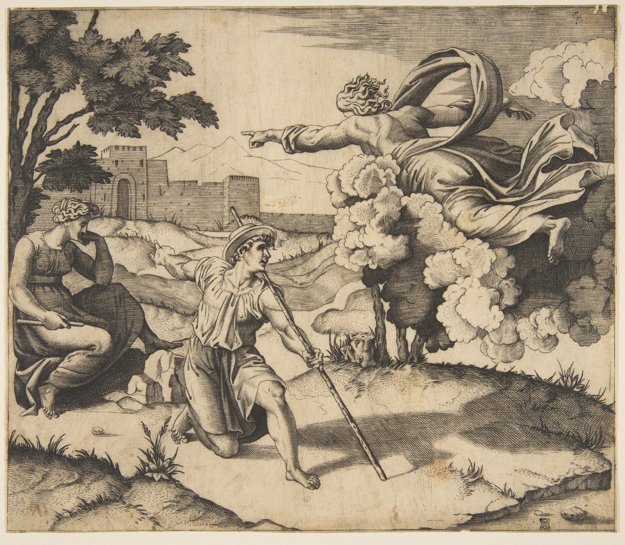 Deus aparecendo para Isaque, Deus flutuando nas nuvens apontando para Rebecca sentada embaixo ..., ca. 1515-27. de Marco Dente