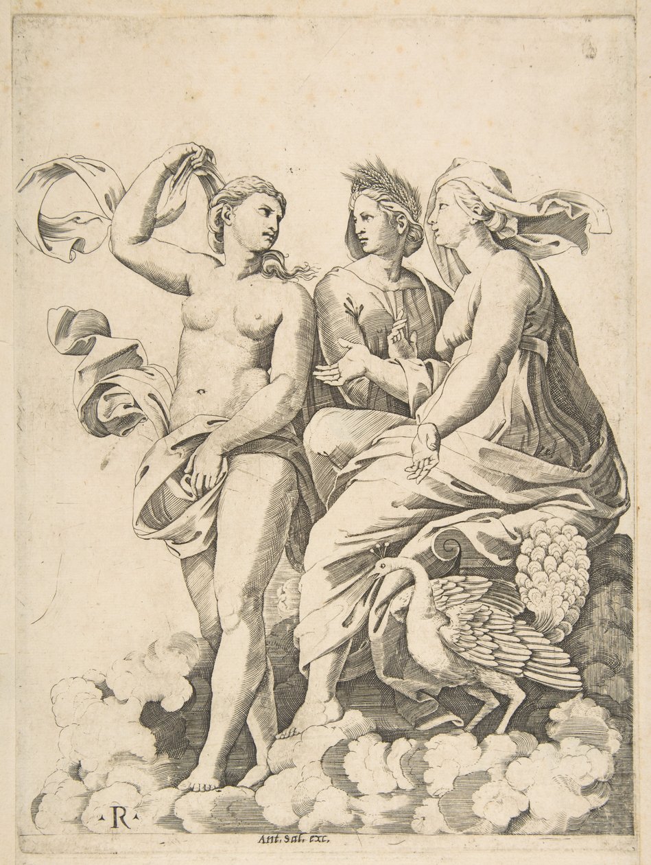 Juno, Ceres e Psique nas nuvens conversando, Juno sentado com um pavão nela ..., ca. 1515-27. de Marco Dente