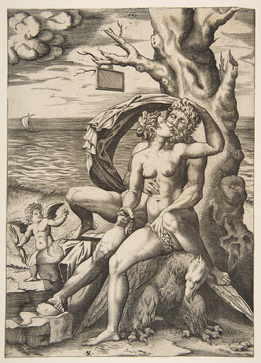 Júpiter e Semele abraçando, uma águia debaixo deles, uma árvore à direita com um t..., ca. 1515-27. de Marco Dente
