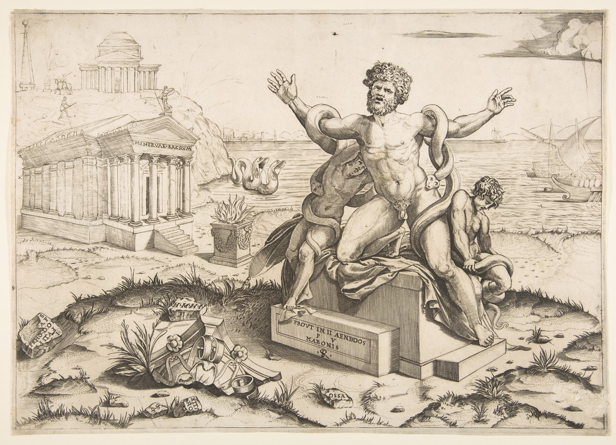 Laocoon e seus dois filhos sendo atacados por serpentes em um pedestal, um templo para Mi ..., ca. 1515-27. de Marco Dente