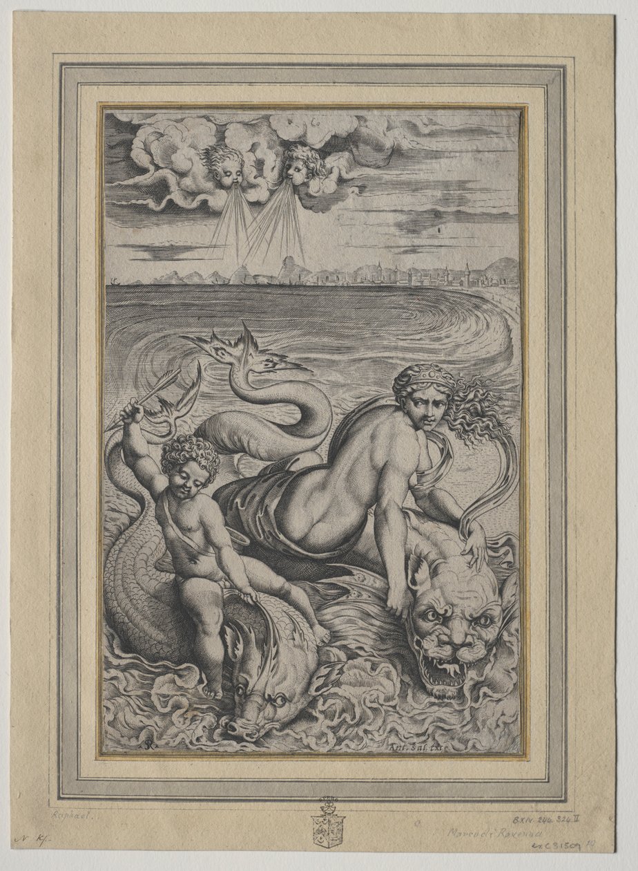 Amor e Cupido Levados por Golfinhos, 1500s. de Marco Dente