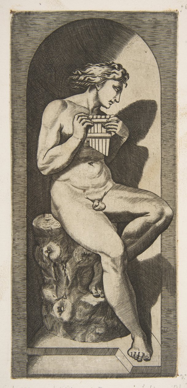 Olympus, nu, sentado no tronco de uma árvore com canos, situado dentro de um nicho, ca. 1515-27. de Marco Dente