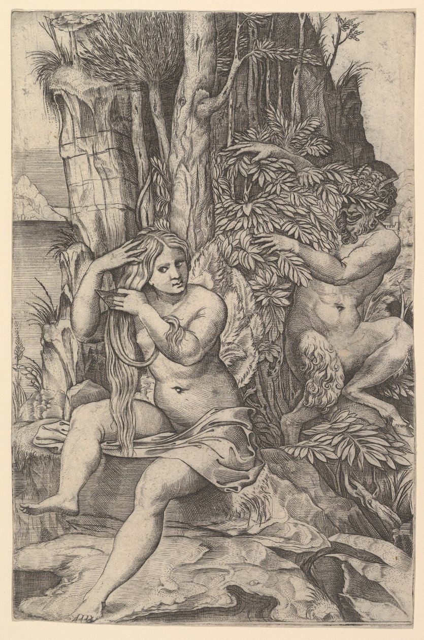 Pan espionando a ninfa Syrinx que está sentada em uma pedra, penteando os cabelos, ca. 1516-20. de Marco Dente
