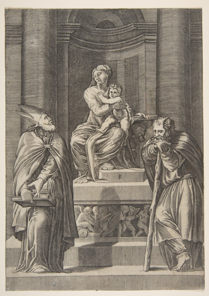São José à esquerda e um bispo à direita diante do altar da Virgem ..., ca. 1515-27. de Marco Dente