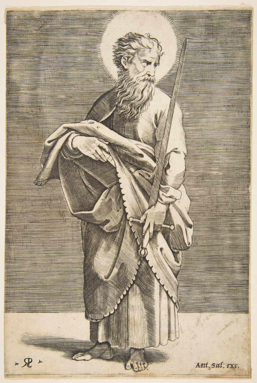 São Paulo olhando para a direita e segurando uma espada e um livro, ca. 1515-27. de Marco Dente
