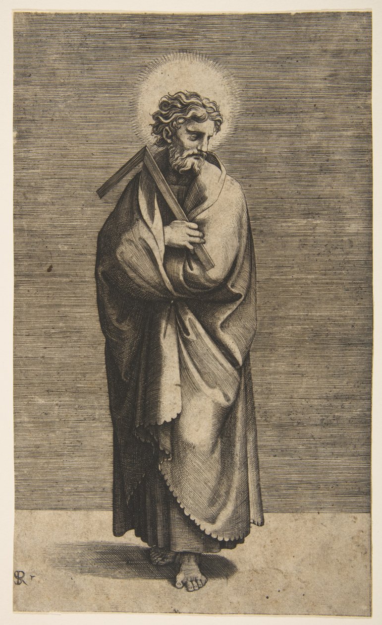 São Tomás segurando uma regra quadrada, sua cabeça virou para a direita, ca. 1515-27. de Marco Dente