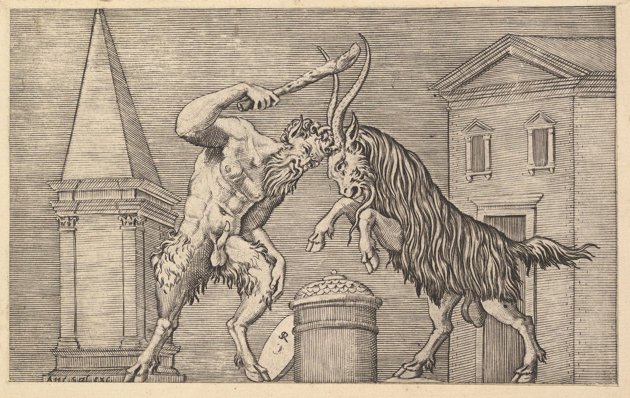 Speculum Romanae Magnificentiae: Um Sátiro e um Carneiro a esmagar, século XVI. de Marco Dente