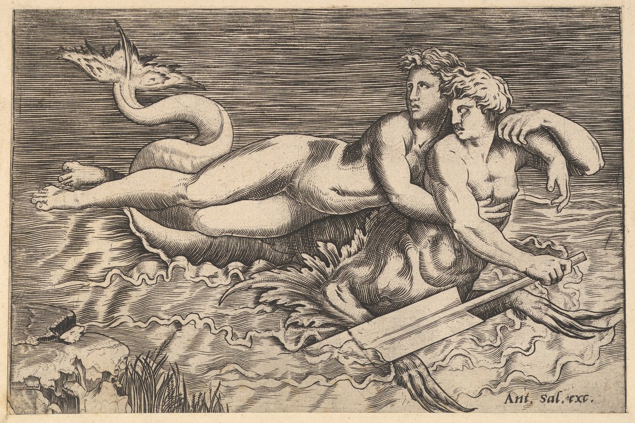 Vidro magnífico romano, um Tritão carregando uma ninfa, século XVI. de Marco Dente