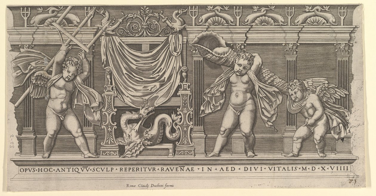 Speculum Romanae Magnificentiae: Bas-Relief com Três Cupidos, 1519. de Marco Dente