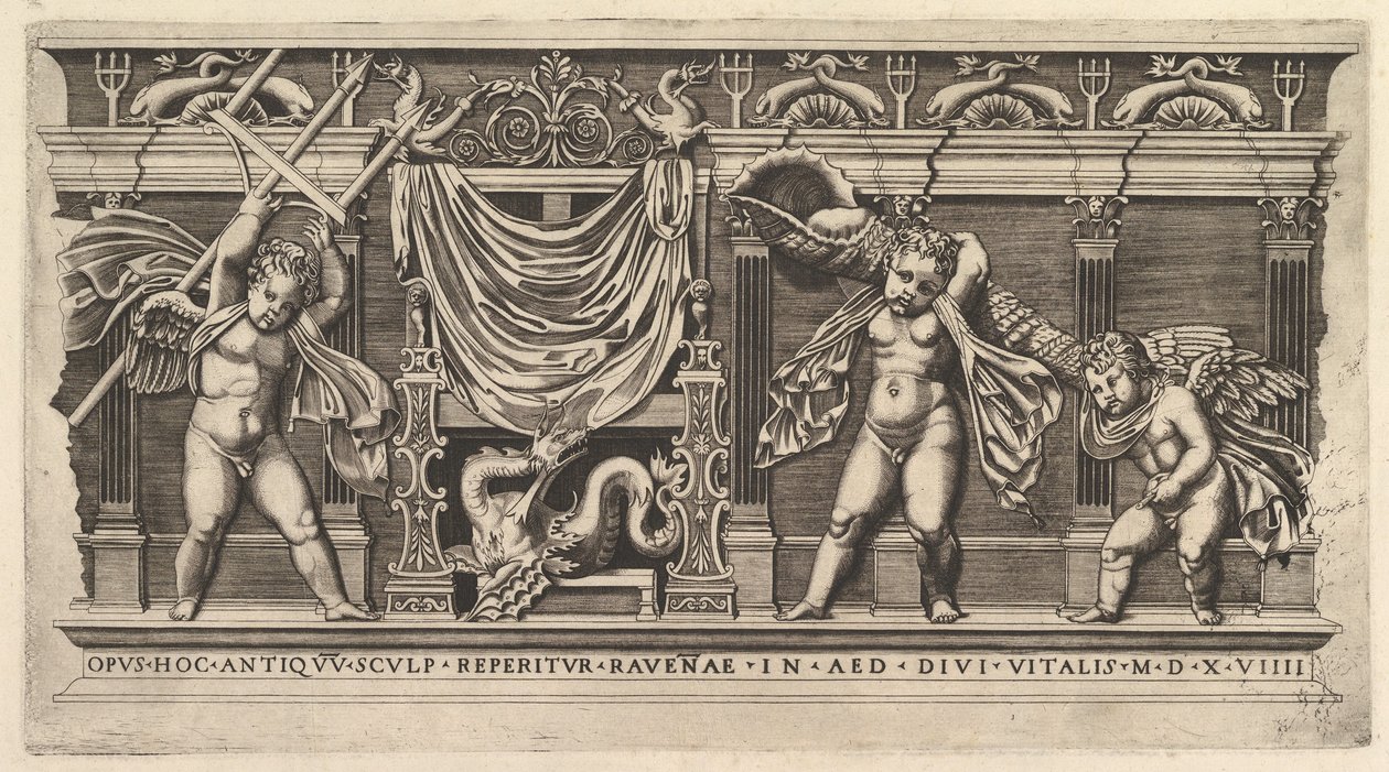Vidro romano magnífico: baixo-relevo com Três Cupidos, 1519. de Marco Dente