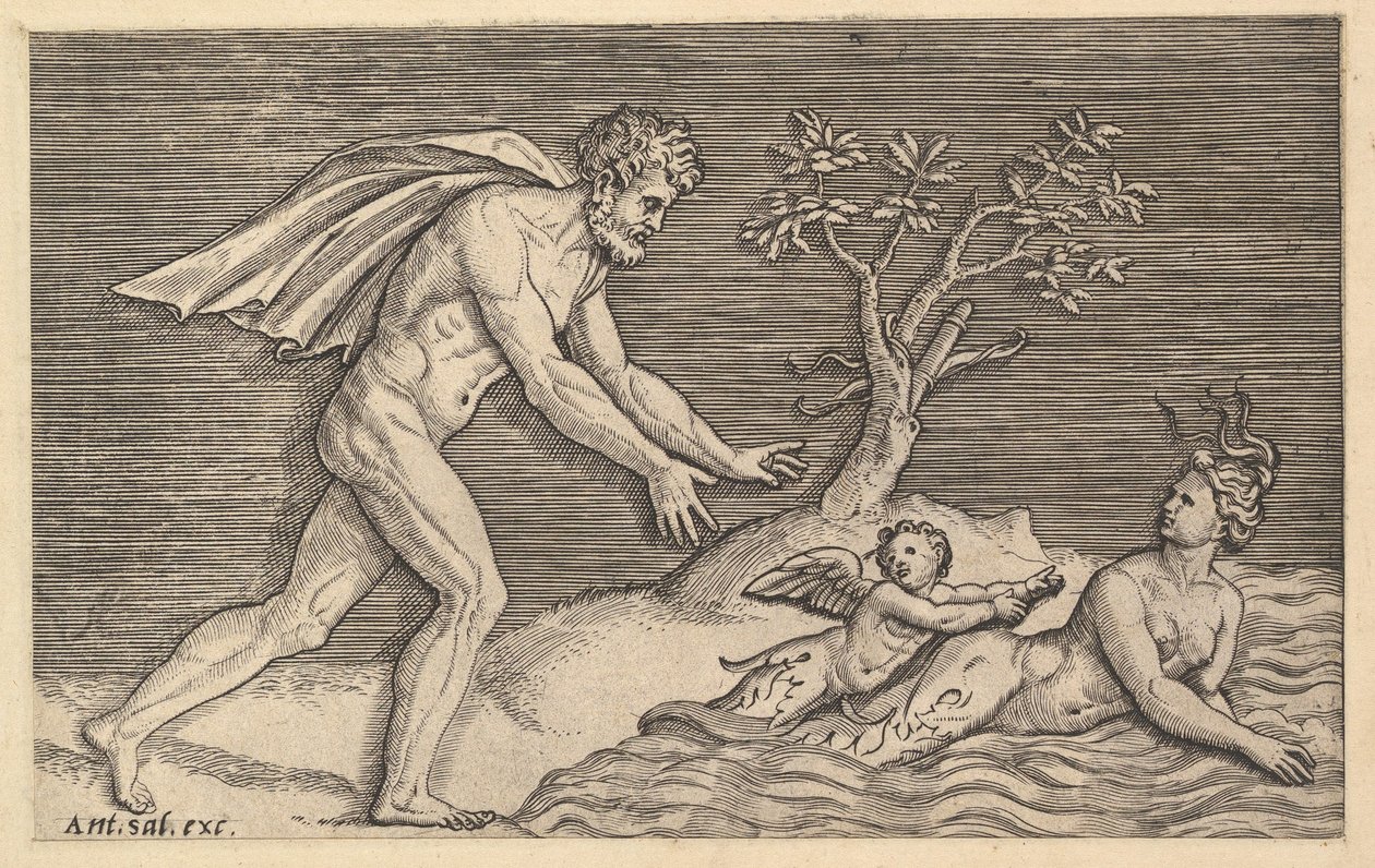 Vidro romano magnífico: Homem nu perseguindo uma Naiad ca. 1515-1527. de Marco Dente