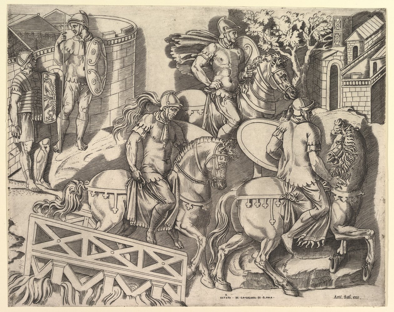 Speculum Romanae Magnificentiae: Cavaleiros Romanos Cruzando uma ponte de Trajano C..., século XVI. de Marco Dente