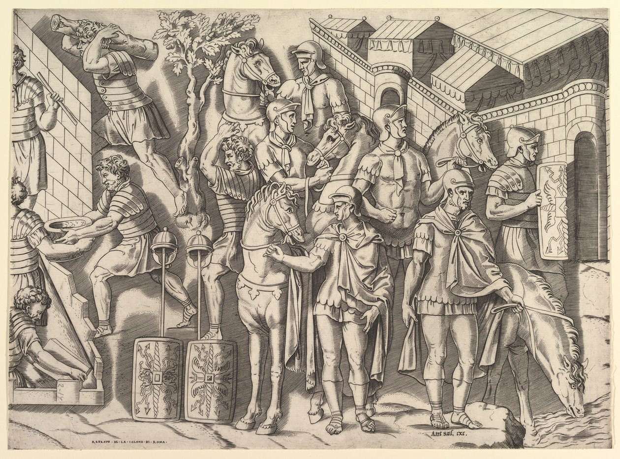 Magnífico vidro romano, cavaleiros romanos, da coluna de Trajano, século XVI. de Marco Dente