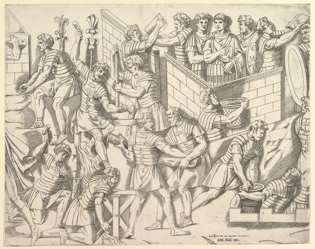 Soldados romanos em vidro romano magníficos que fortificam seu acampamento, de Trajano ..., século XVI. de Marco Dente