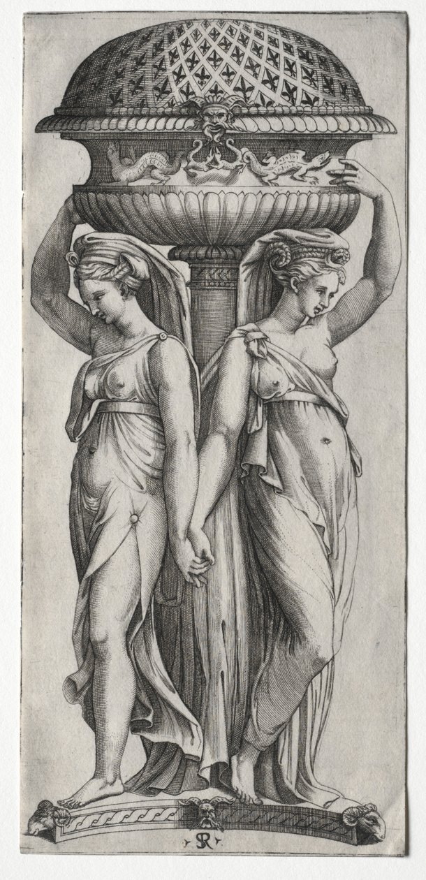O Cassollette: mulheres apoiando uma urna, c. 1520-27. de Marco Dente