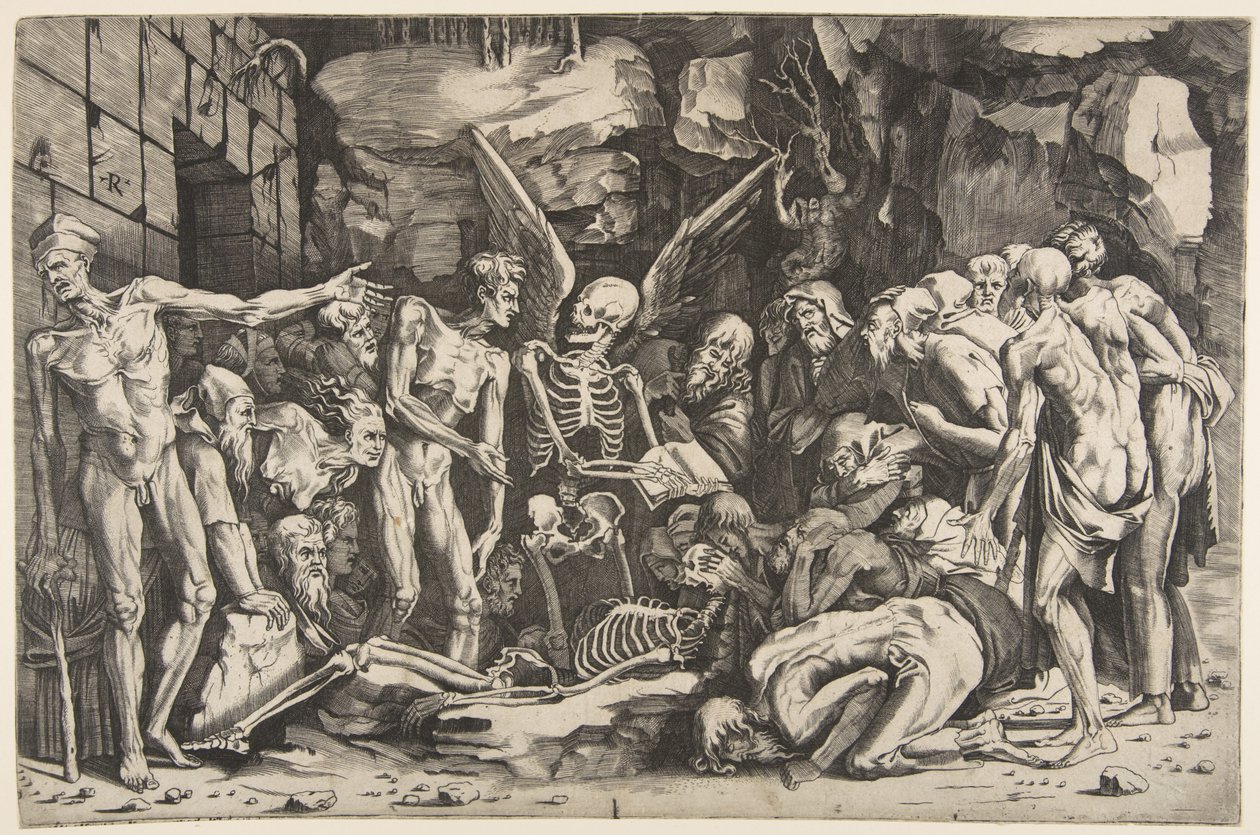 Os esqueletos, um grupo de homens e mulheres emaciados reunidos em torno de um esqueleto colocado em 1515-27. de Marco Dente