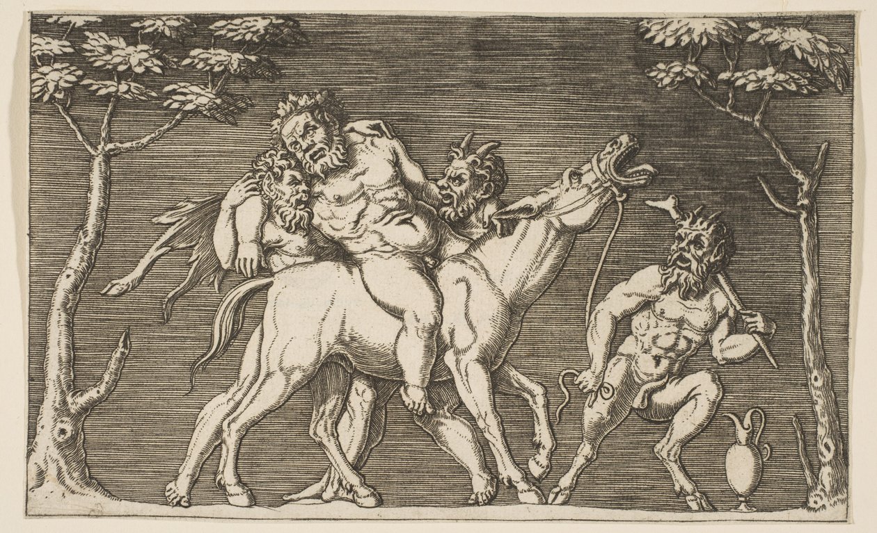 Dois sátiros colocando Silenus em uma mula e um terceiro sátiro à direita, ca. 1515-27. de Marco Dente