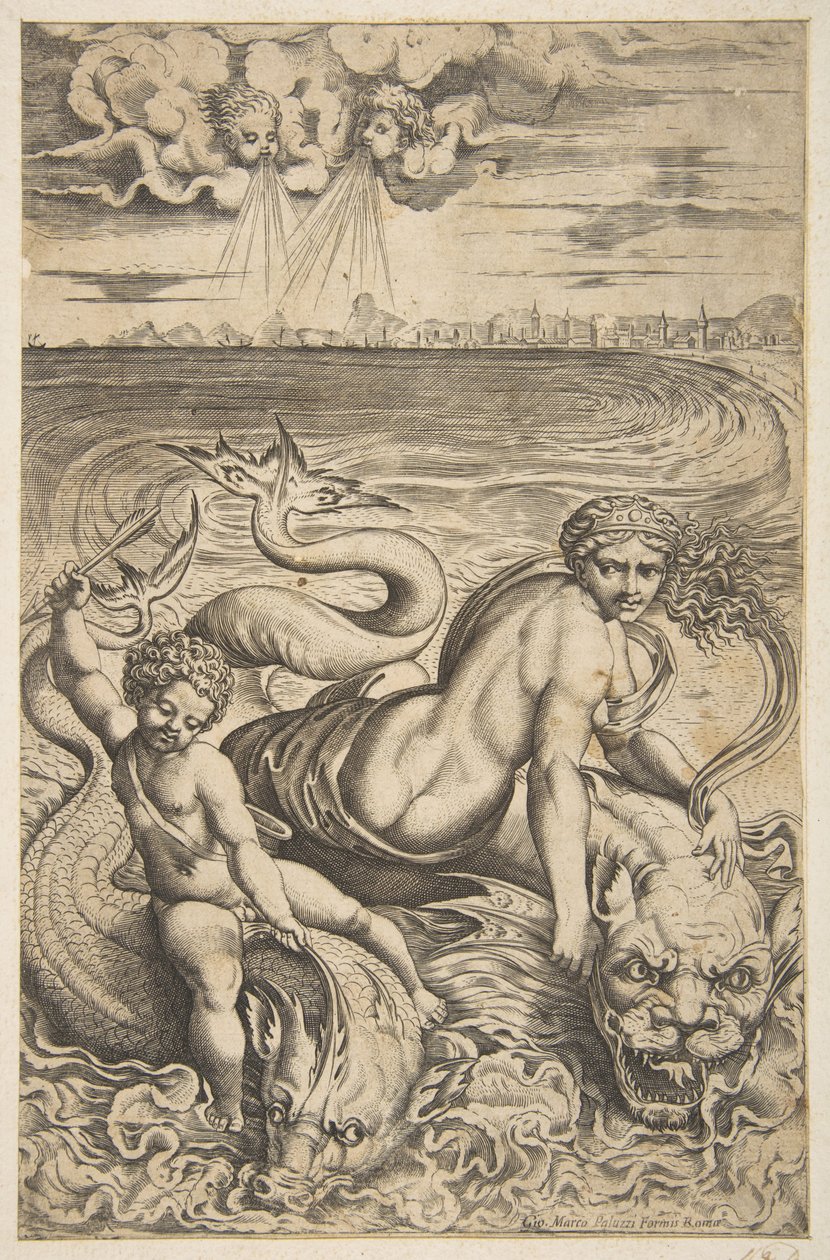 Vênus e Cupido montando dois monstros marinhos, Cupido levanta uma flecha na mão direita, t ..., ca. 1515-27. de Marco Dente