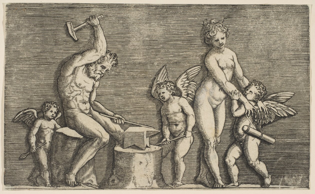 Vulcano sentado martelando uma bigorna ladeada por Vênus e três cupidos, ca. 1515-27. de Marco Dente