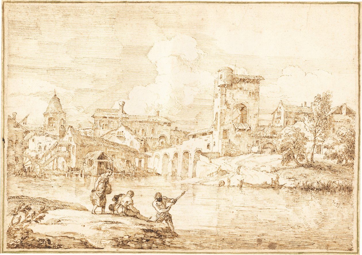 Uma vila fortificada ao longo de um rio de Marco Ricci
