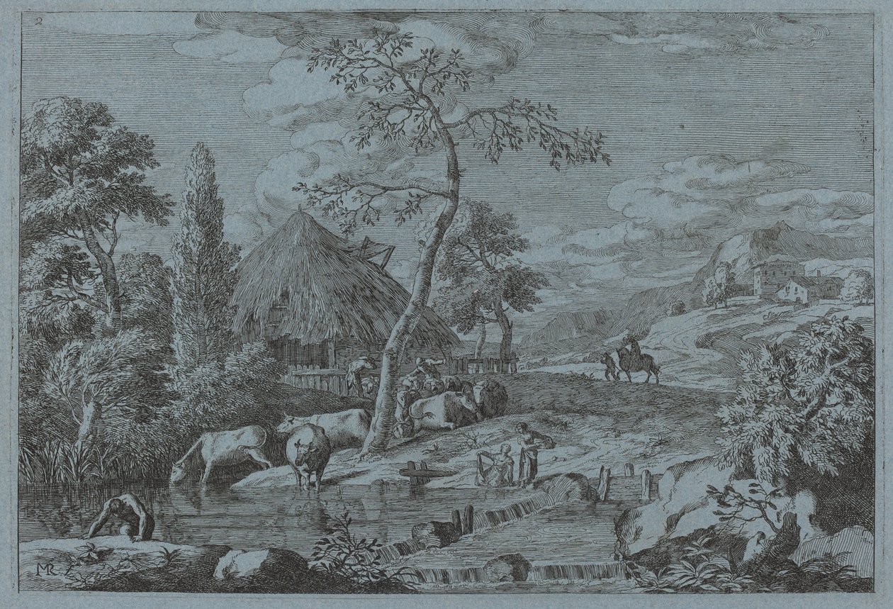 Gado e figuras em um riacho de fazenda de Marco Ricci