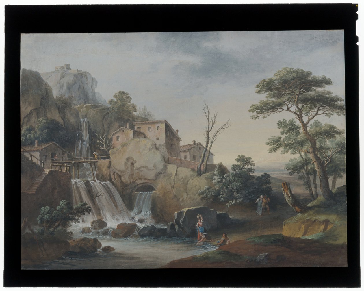 Paisagem com cascata e casas de campo de Marco Ricci
