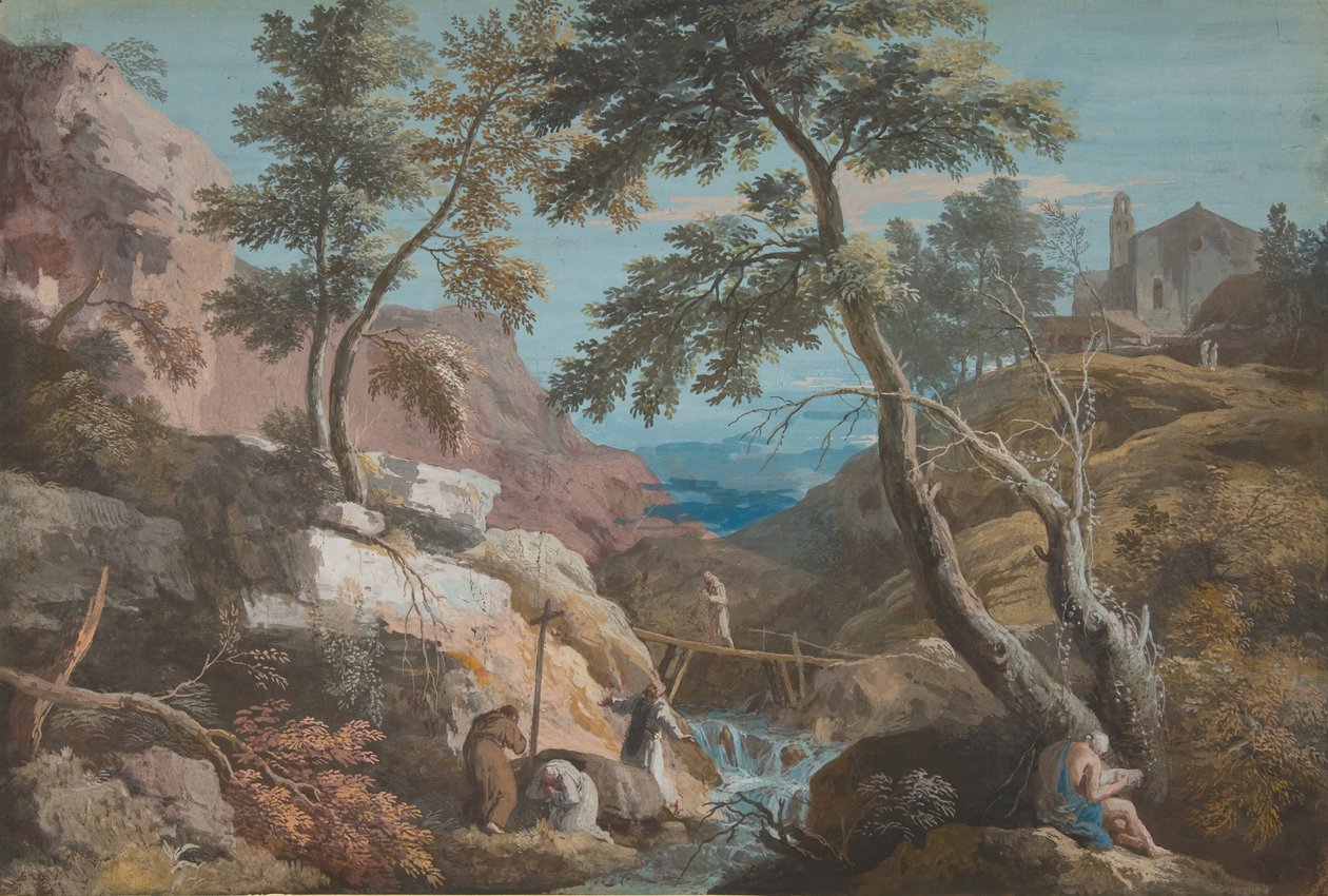 Paisagem montanhosa com eremitas, ca. 1700-1730. de Marco Ricci