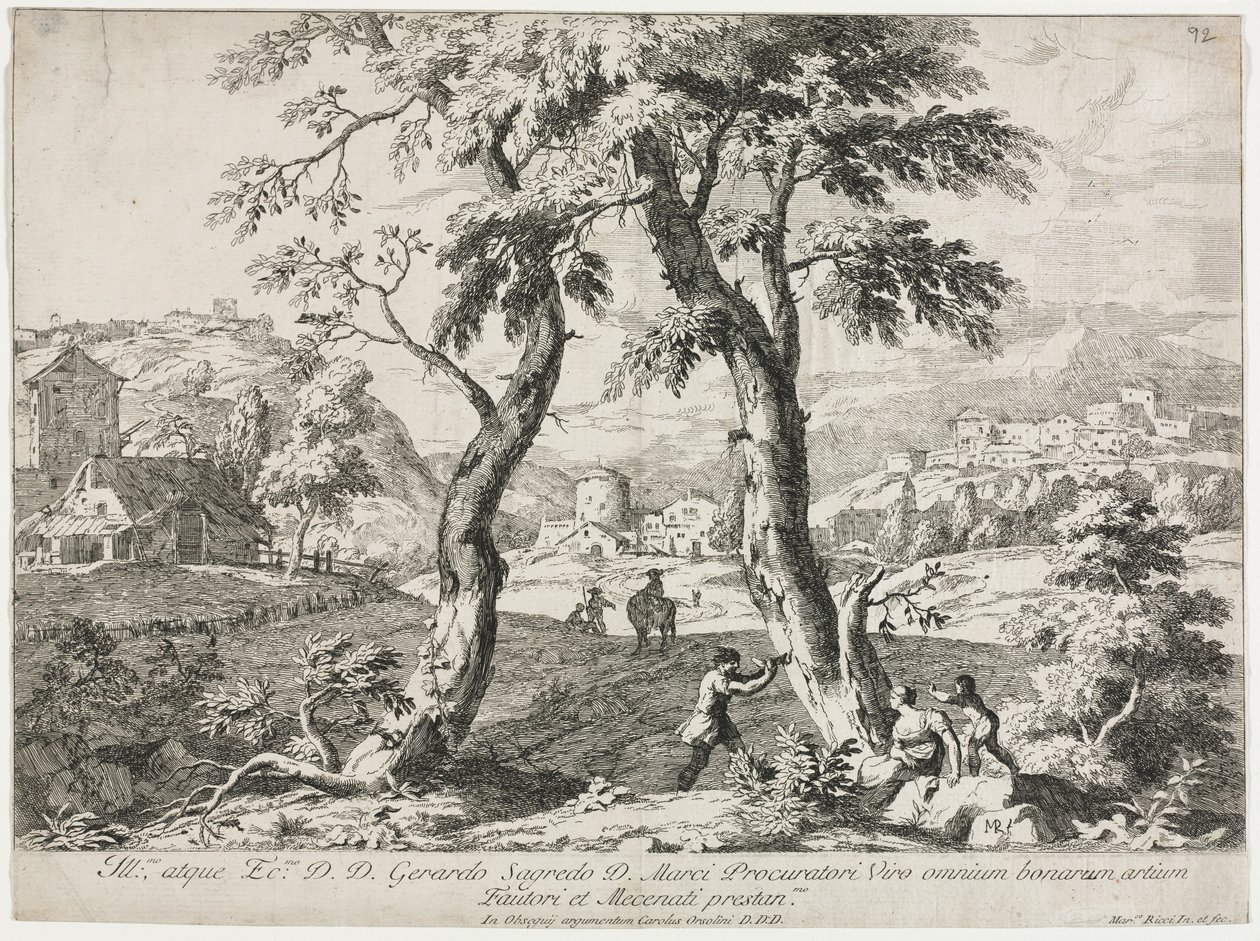 Vista de uma vila com figuras em primeiro plano, 1723. de Marco Ricci