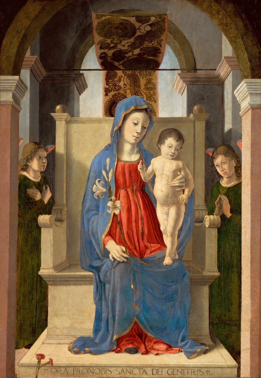 A Virgem com um Lírio (com o Menino Jesus num trono, rodeada por dois anjos) - Virgem com um Lírio, por Zoppo, Marco (1433-1478). Tempera e óleo sobre madeira de Marco Zoppo