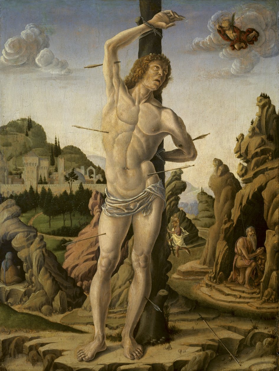 São Sebastião em uma paisagem rochosa com Santos Jerônimo, Anthony Abbot e Christopher, c.1475-78 de Marco Zoppo