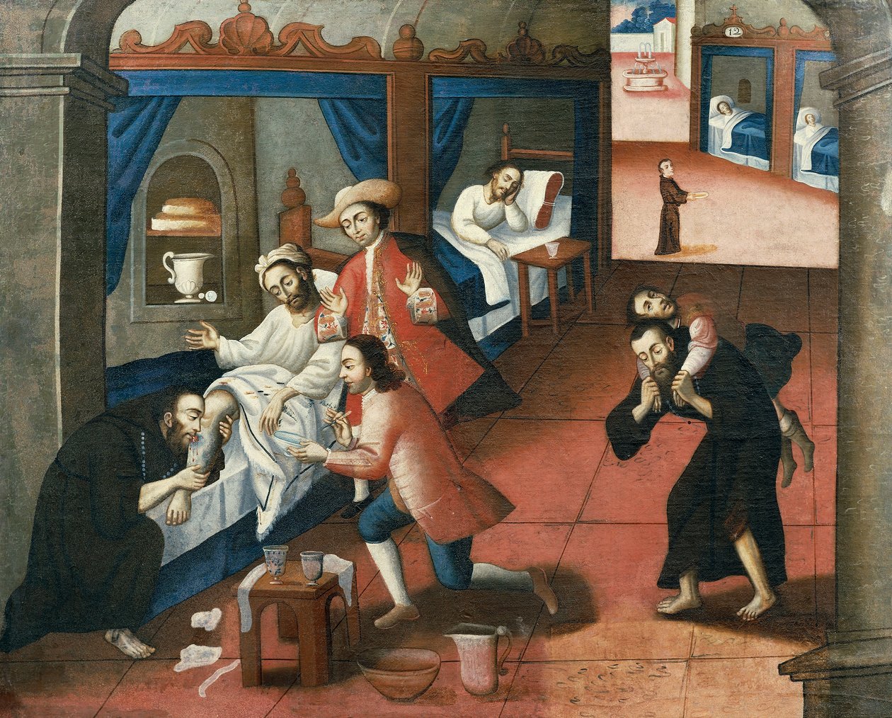 Religiosos que tratam um paciente no Hospital St. Andrew, Cuzco (óleo sobre tela) de Marcos Zapata