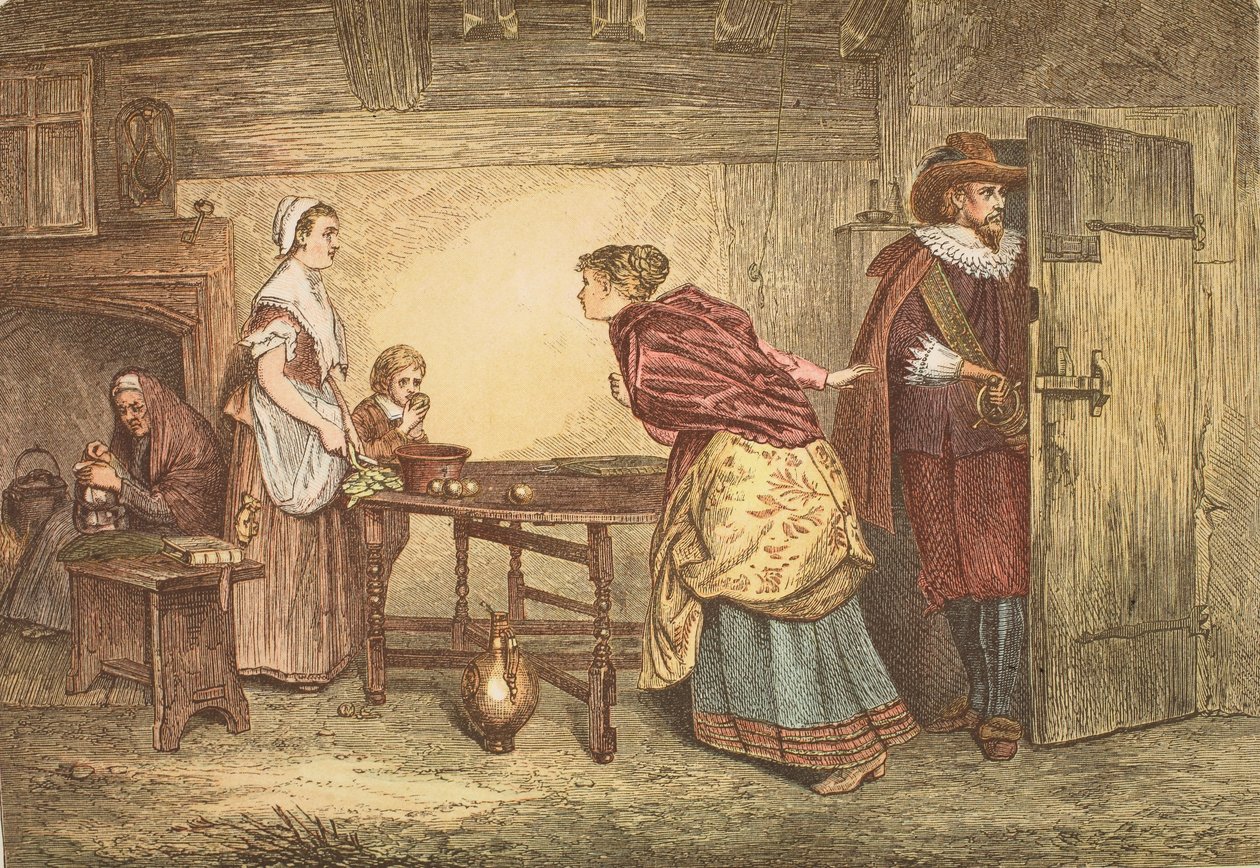 Realistas que buscam refúgio na casa de um puritano, gravada por JD Cooper de Marcus Stone