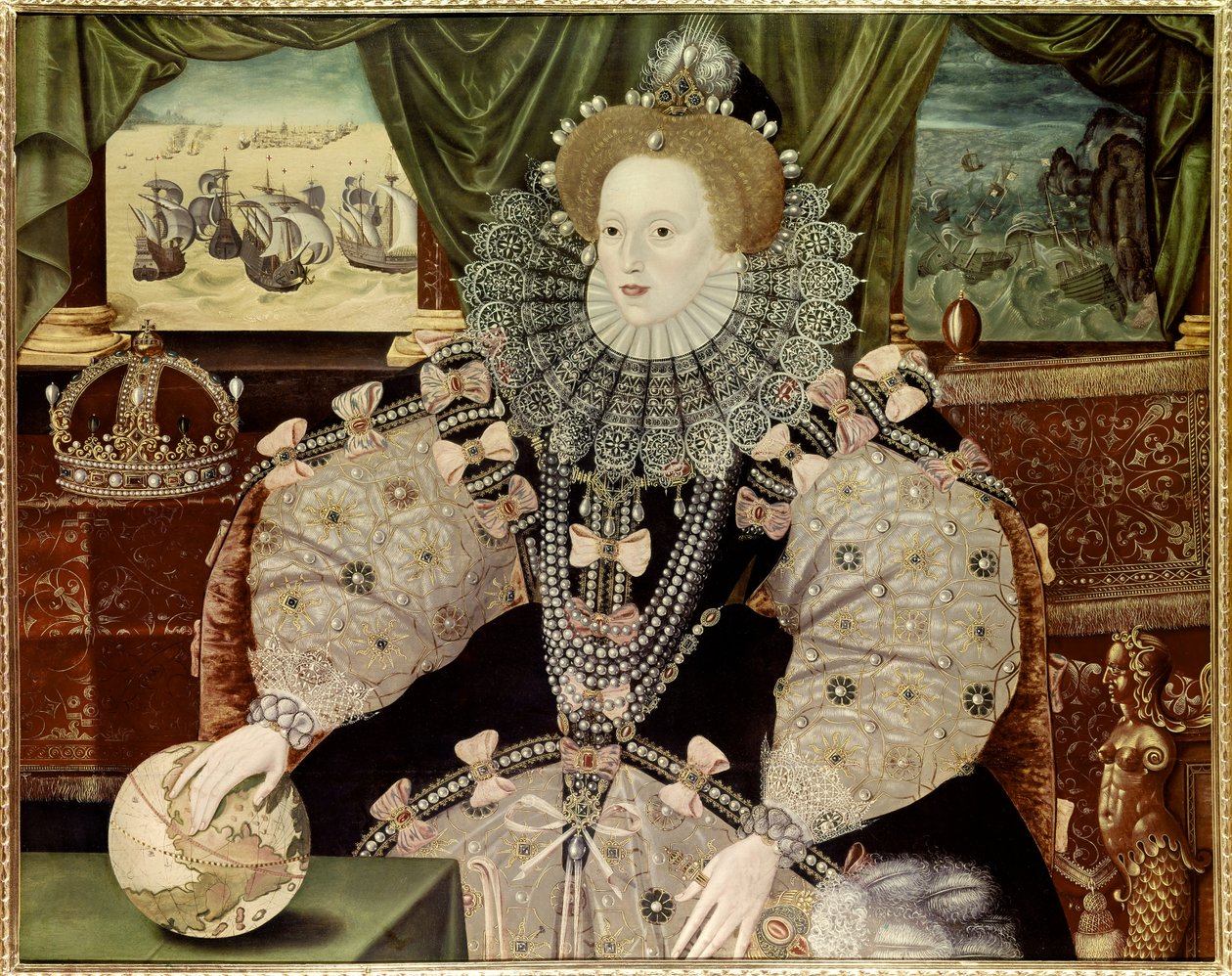 Retrato da Rainha Isabel I de Inglaterra, conhecido como o retrato da Armada, c.1588 (óleo sobre painel) de Marcus Gheeraerts