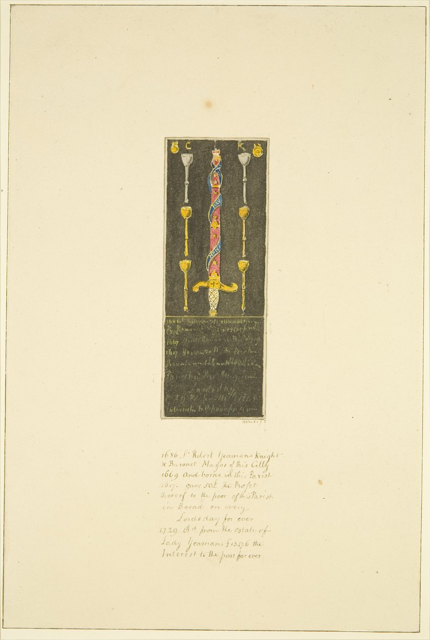 Tábua anteriormente colocada contra a Parede Norte de St Mary Redcliffe em comemoração do presente de Sir Robert Yeomans à paróquia (Robert Yeamans) (lápis e aguarela sobre papel) de Marcus H. Homes