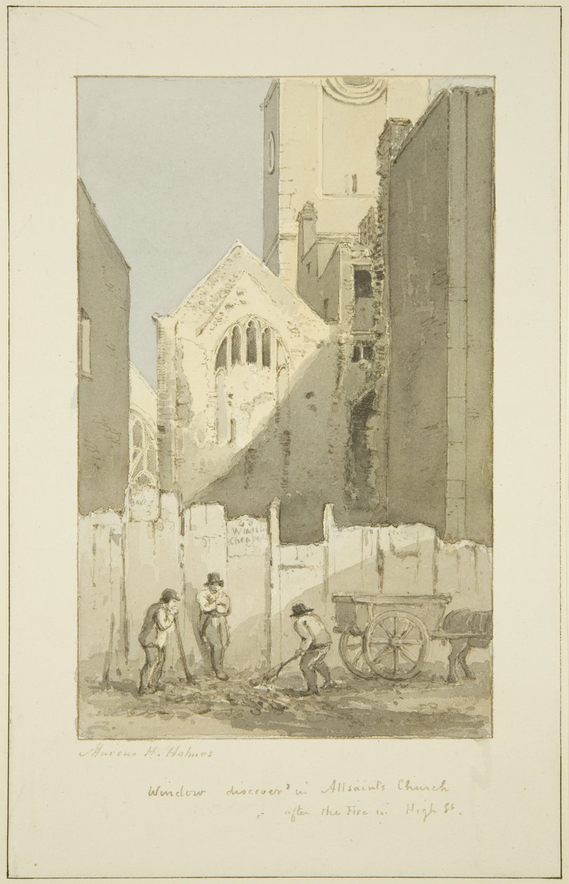Descoberta da Janela Leste da Rua Todos os Santos (depois do incêndio) (lápis e aguarela sobre papel) de Marcus H. Homes