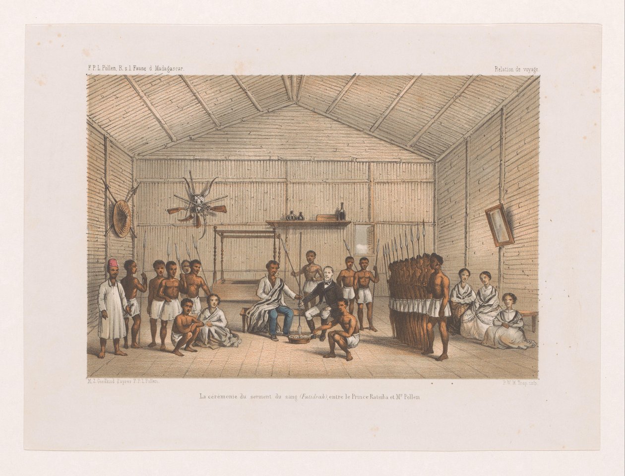 Visita ao Príncipe Ratsiba e cerimónia de juramento de sangue
La cérémonie du serment du sang (Fatidrah), entre le Prince Ratsiba et Mr. Pollen (título sobre o objecto)
Voyage of François P.L. Pollen to Madagascar (título da série)
F.P.L. Pollen R. s. l de Marcus Jacob Goedkind