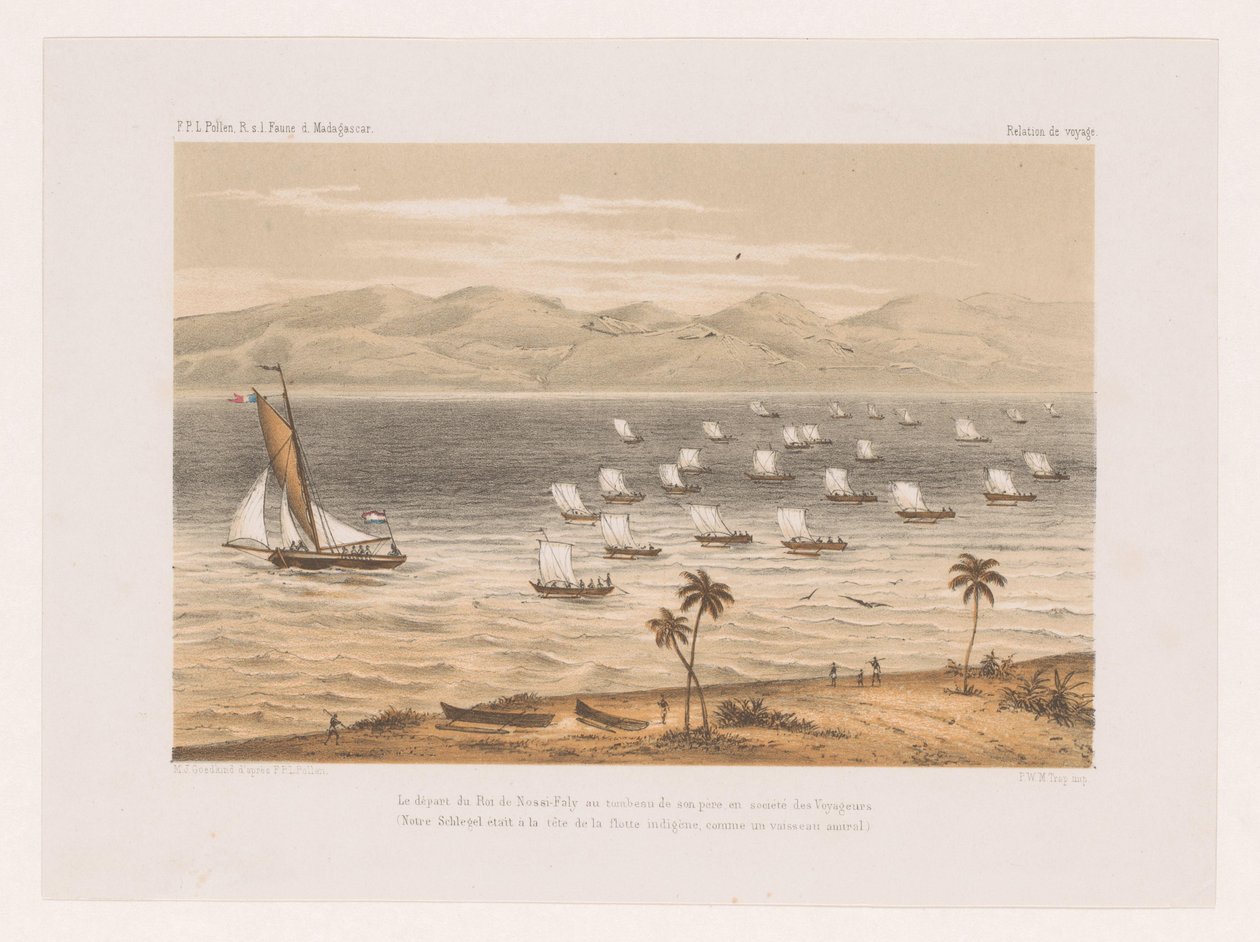 Partida do rei de Nossi-Faly para o funeral de seu pai Le départ du Roi de Nossi-Faly au tombeau de son père en société des Voyageurs (...) (título no objeto) Viagem de François P.L. Pólen para Madagascar (título da série) F.P.L. Pólen R.s de Marcus Jacob Goedkind