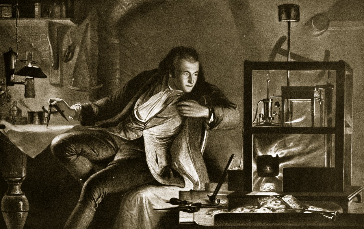 James Watt e o motor a vapor, ilustração da "História da nação britânica" de Hutchinson, c.1923 de Marcus Stone