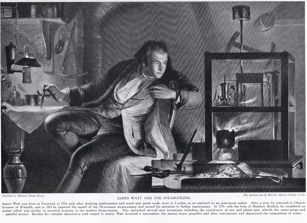 James Watt e o motor a vapor, ilustração da "História da nação britânica" de Hutchinson, c.1923 de Marcus Stone