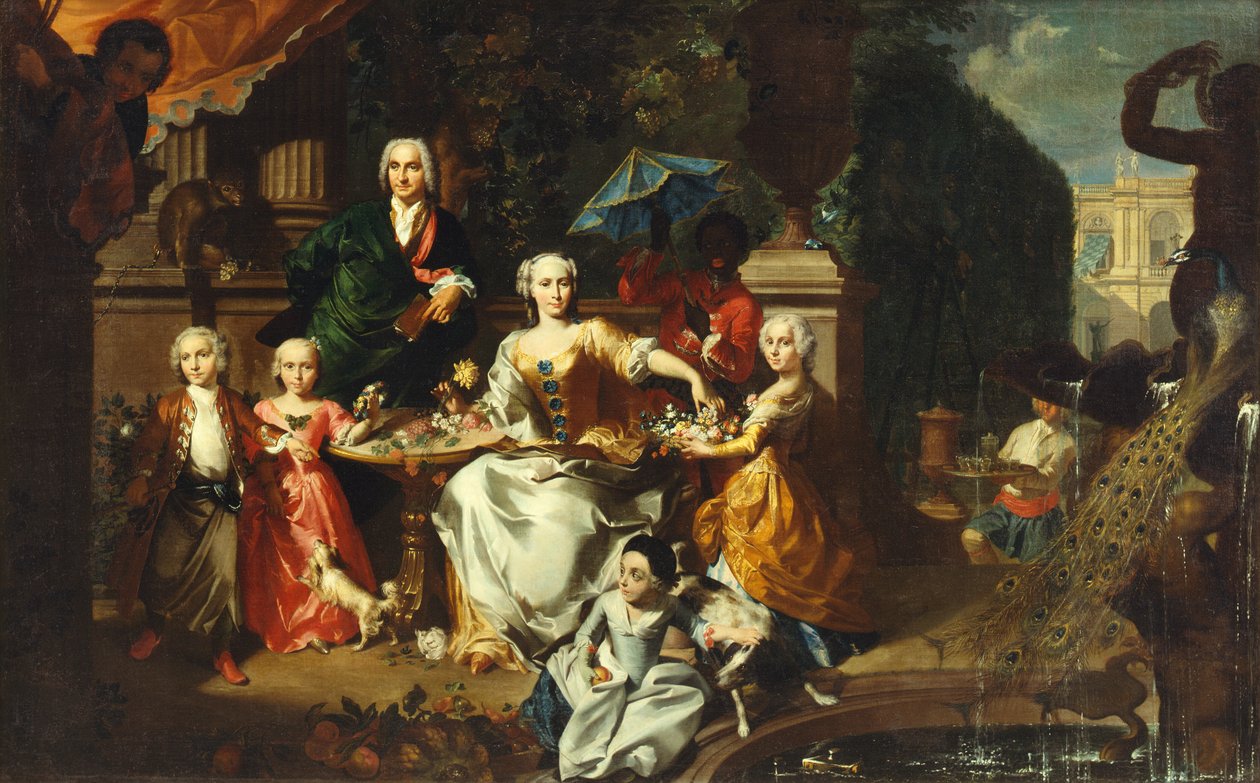 Um grupo familiar em um terraço nos terrenos de uma vila. Possivelmente o empresário inglês George Jackson e sua família de Marcus Tuscher