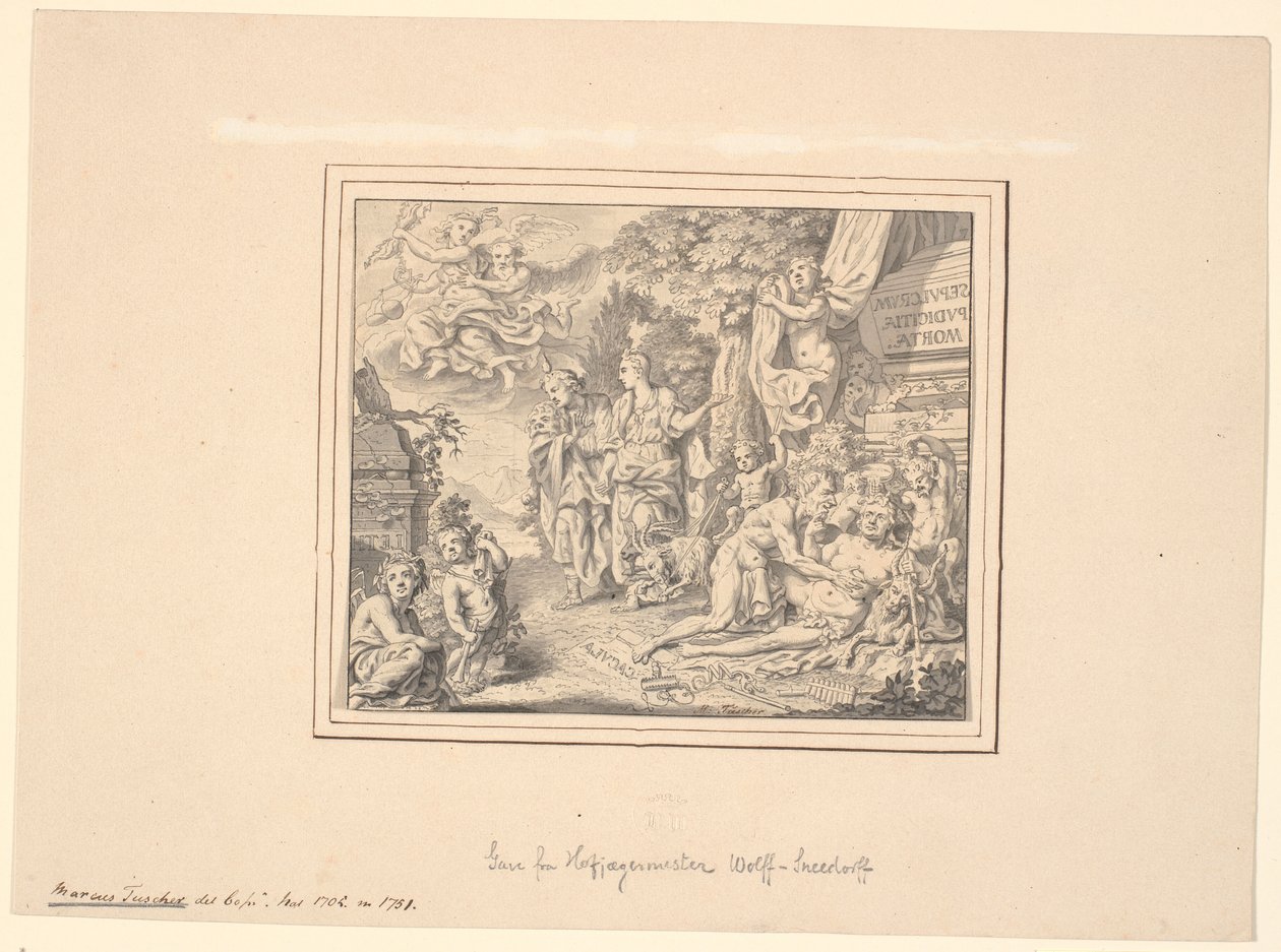 Folha alegórica com o Silenus afogado e outras figuras mitológicas e alegóricas em um sarcófago com a inscrição: "Sepulcrum pudicitiae mortae" de Marcus Tuscher